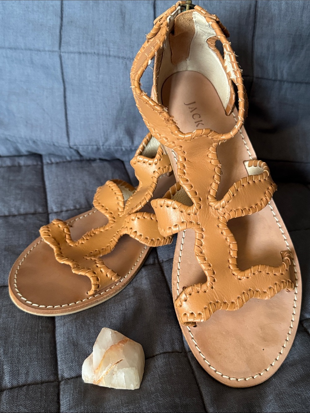 Jack Rogers Cognac Leather Whipstitch Sandals